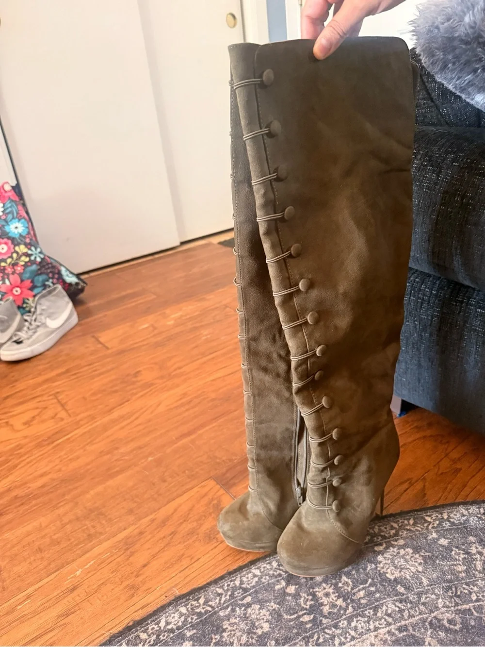 Women's Olive Knee-High Suede Button-Detail Boots